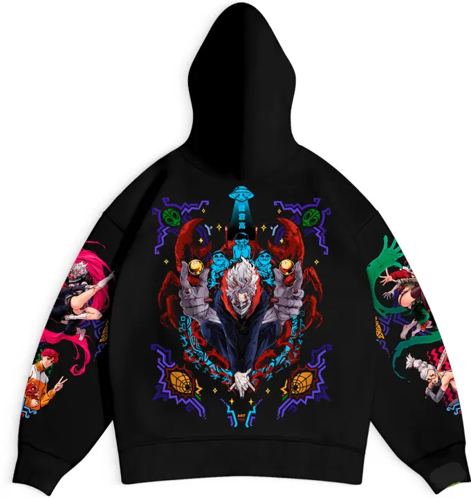 “Streetwear anime hoodie with bold front panels and orange artwork.