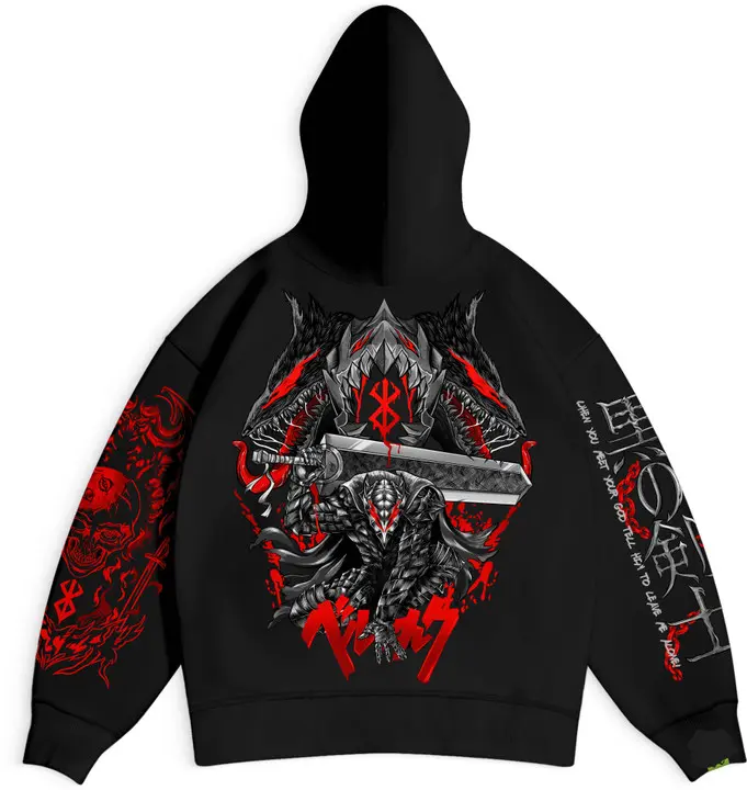 “Men’s oversized hoodie with anime character print and red sleeve graphics.”