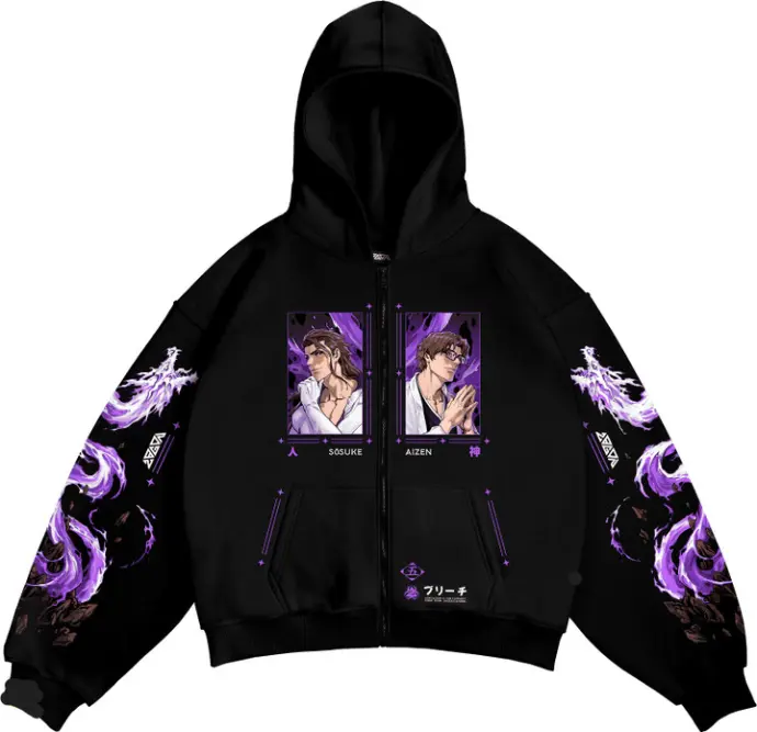 “Purple themed anime graphic hoodie with zipper and stylish illustrations