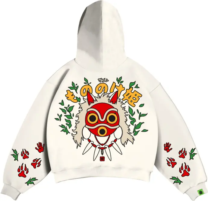 “White hoodie with red floral artwork – stylish unisex hoodie.”