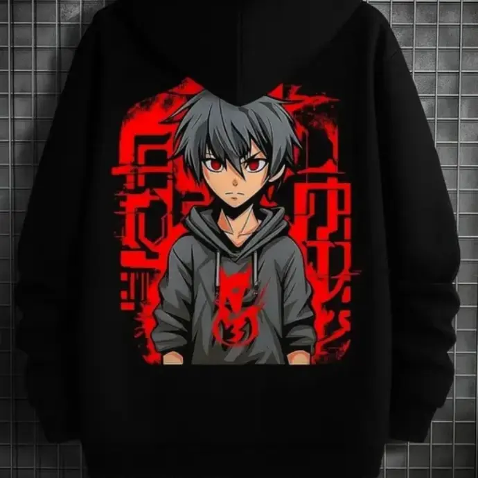 Black anime hoodie with red background and cool boy character illustration