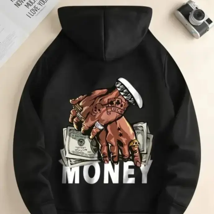 Black hoodie with handshake and money bundle graphic illustration