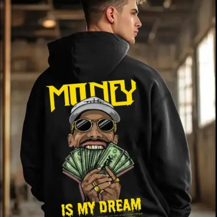 Black hoodie with cartoon gangster holding cash and yellow MONEY text.