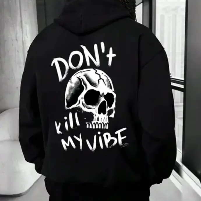 Black hoodie with white skull and “Don’t Give Up” motivational graphic print – stylish hoodie under 499.