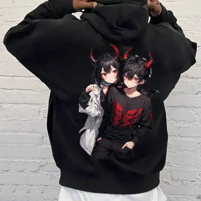 Black graphic hoodie with anime character face print in red and white – budget hoodie under 499.