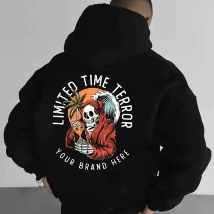 Black hoodie featuring orange flaming skull design – stylish winter hoodie under 499