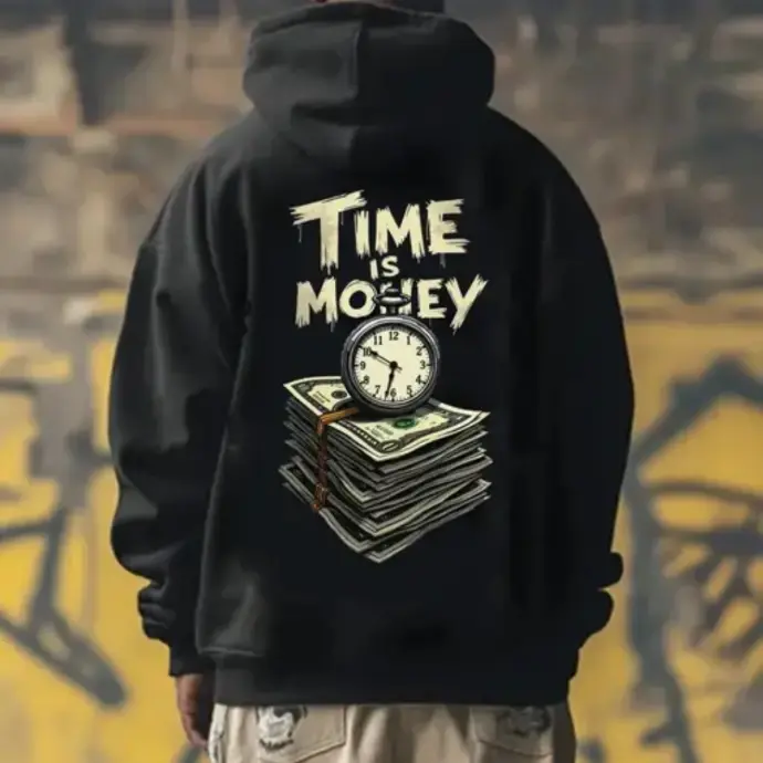 Black hoodie with golden “Time Is Money” quote – modern streetwear hoodie under 499.