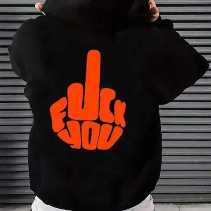 Black hoodie with bold red symbol graphic – edgy streetwear hoodie under 499.