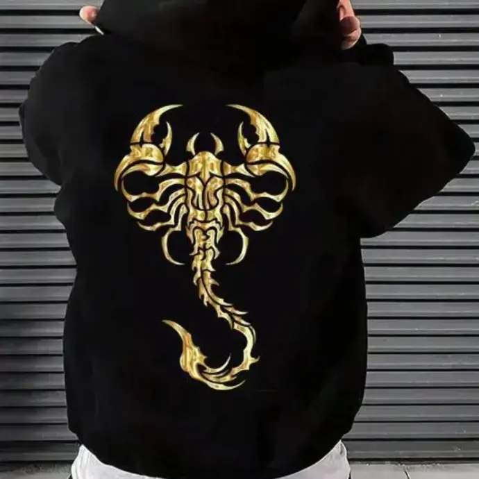 Black hoodie with detailed golden dragon pattern – stylish winter wear hoodie under 499.