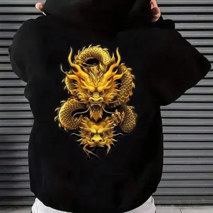 Black hoodie featuring detailed golden dragon artwork – premium-look hoodie under 499.